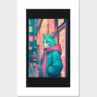 A cat wearing a green hoodie Posters and Art